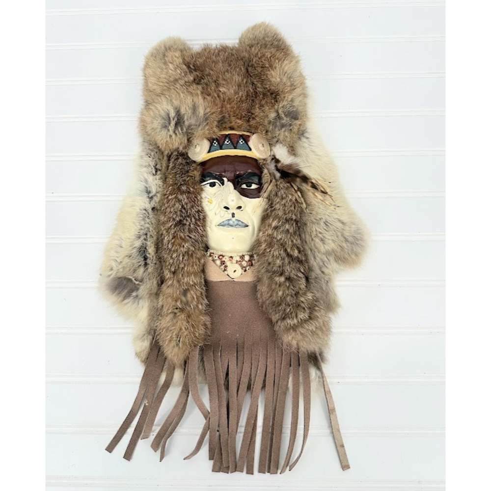 Native American Painted Spirit Mask Real Fur Tribal Indiginious Wall Art Fringe